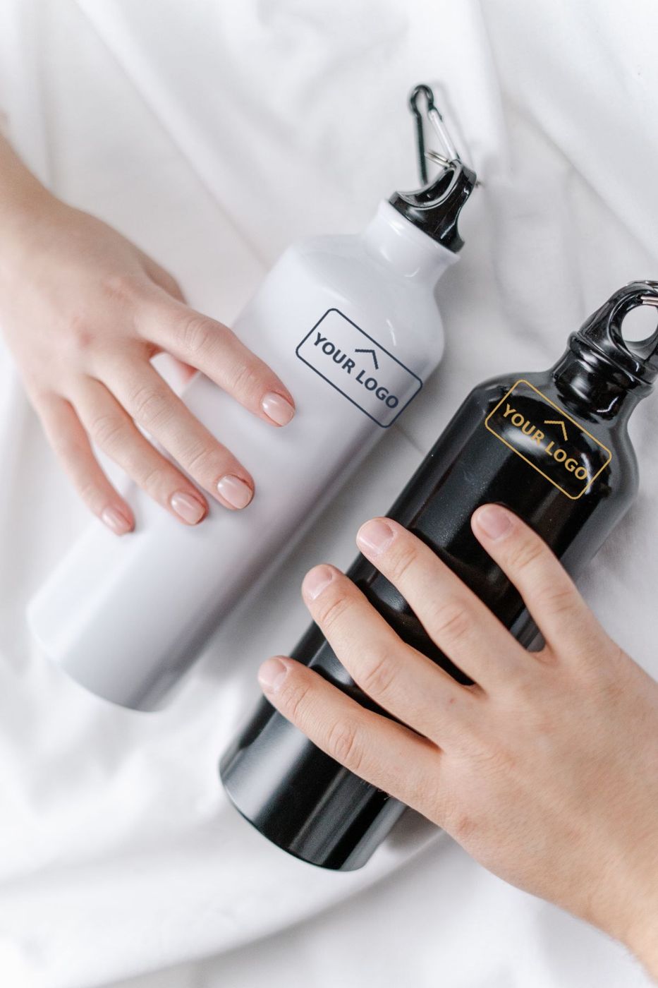 Stainless steel water bottles printed with a company logo for corporate gifting