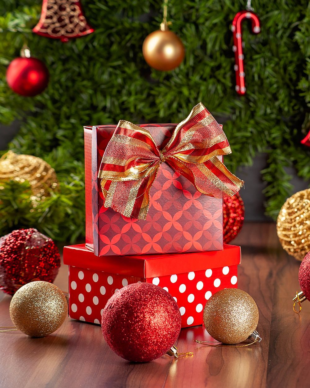 Christmas gift boxes with ornaments
